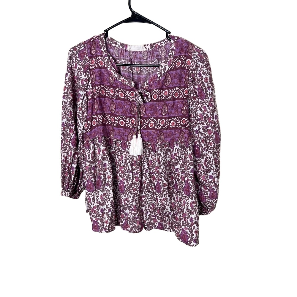 Lucky Brand Purple White Floral Long Sleeve Tie Tassel Bohemian Blouse Medium